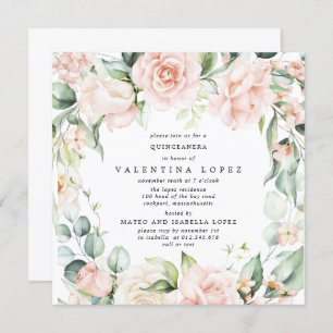 Invitation Rose rose pâle Carré Floral Quinceanera