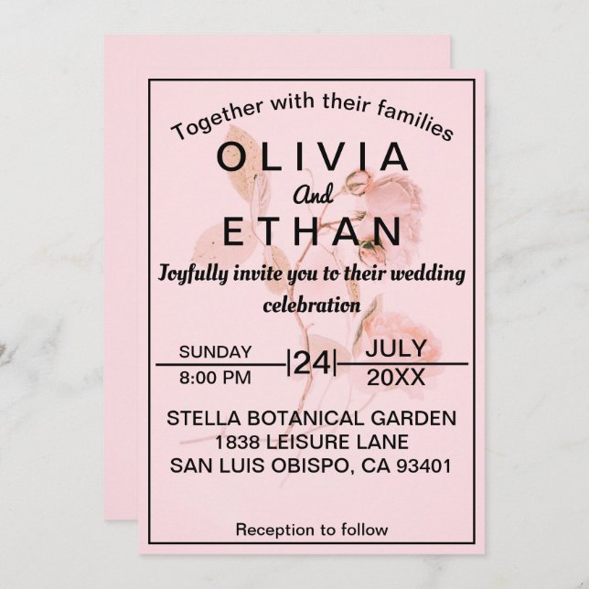 Invitation Rose rose pâle Chic Mariage floral d'été (Devant / Derrière)