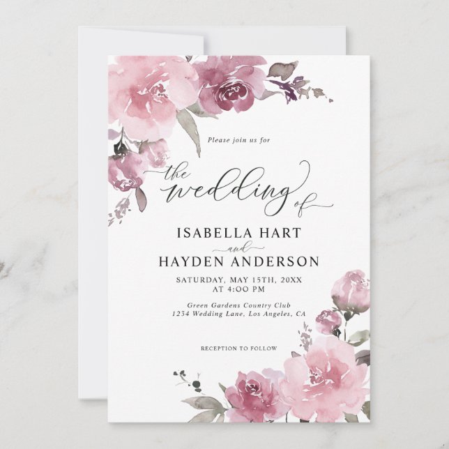 Invitation Rose rose pâle Dusty Floral Mauve Mariage (Devant)