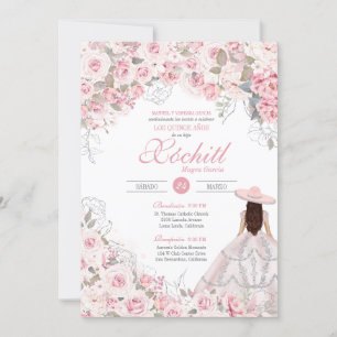 Invitation Rose rose pâle en argent Blossom Charro Quinceaner