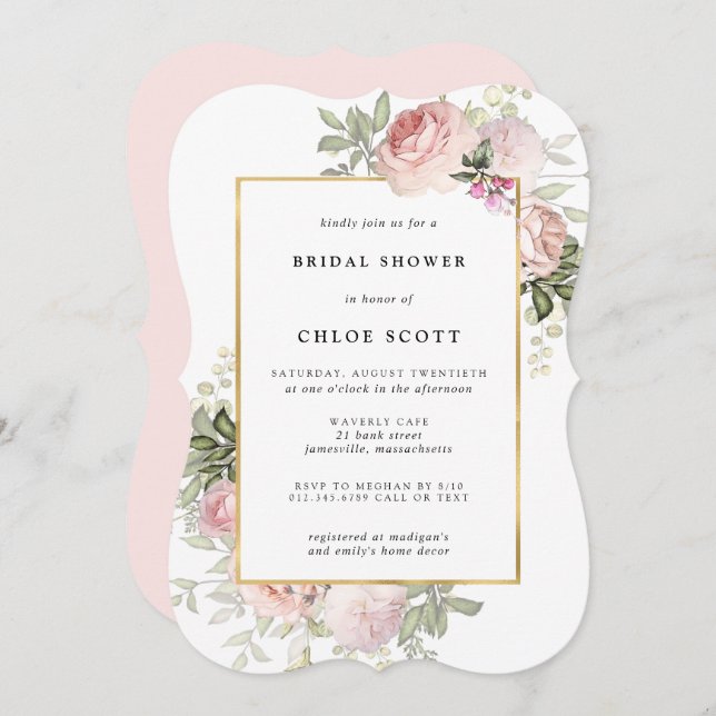 Invitation Rose rose pâle Fête des mariées florale (Devant / Derrière)