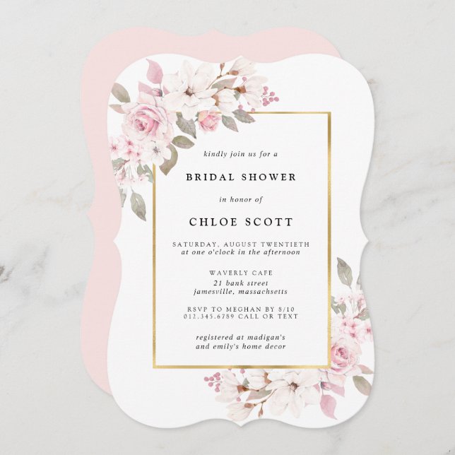 Invitation Rose rose pâle Fête des mariées florale (Devant / Derrière)