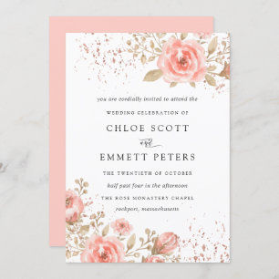 Invitation Rose rose pâle Feuilles d'or Floral