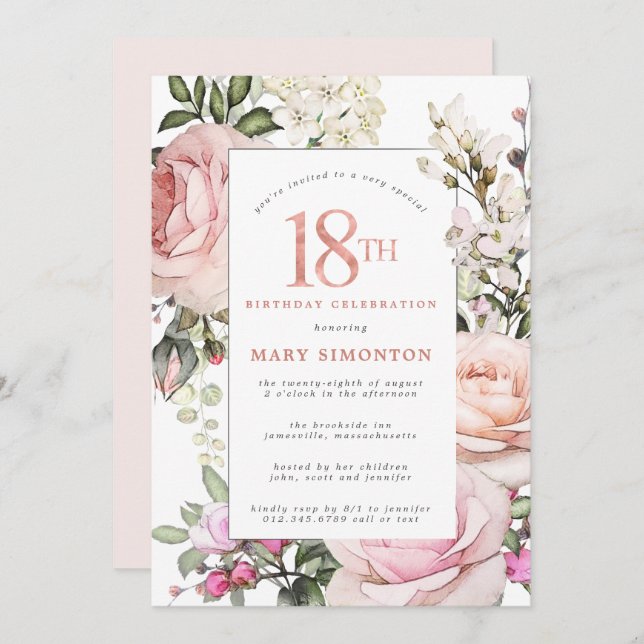 Invitation Rose rose pâle Fleur 18 Anniversaire (Devant / Derrière)