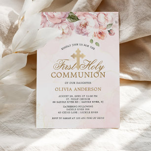 Invitation Rose rose pâle Floral Première Communion sainte