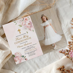 Invitation Rose rose pâle Floral Première Sainte Communion Ph