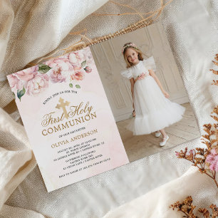Invitation Rose rose pâle Floral Première Sainte Communion Ph