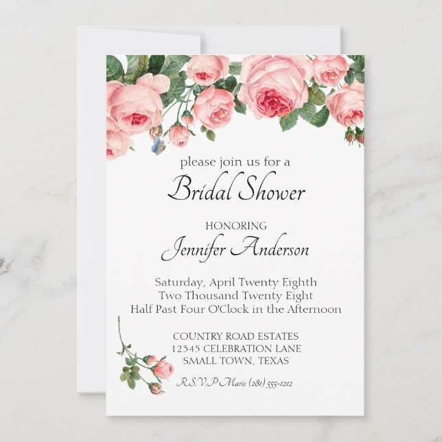 Invitation Rose Rose Pâle Mariage Shower (Devant)