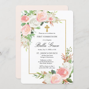 Invitation Rose rose pâle Rose Floral Première Communion Sain