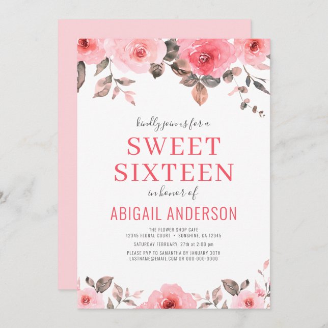 Invitation Rose rose pâle Sweet sixteen d'aquarelle (Devant / Derrière)