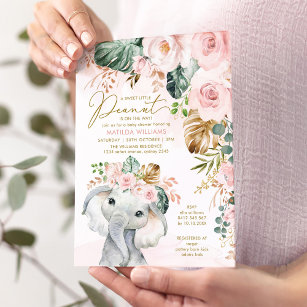 Invitation Rose rose pâle verdure tropicale Elephant Baby Gir