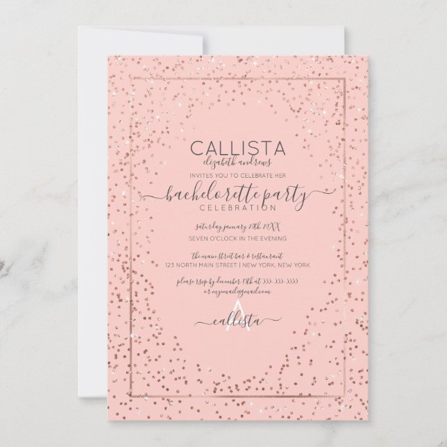Invitation Rose Rose Parties scintillant Or Confetti Bachelor (Devant)