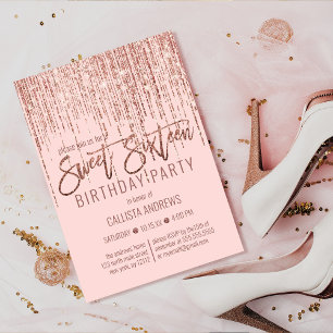 Invitation Rose Rose Parties scintillant or Fringe rideau dou
