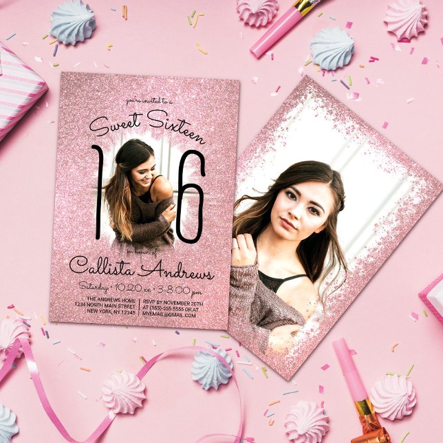 Invitation Rose Rose Parties scintillant Or Ombre Halo Photo  (Créateur téléchargé)