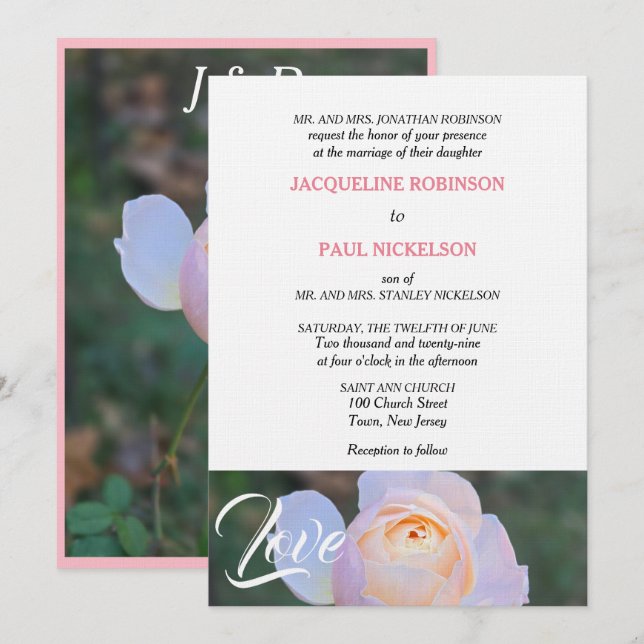 Invitation Rose rose pastel amour  (Devant / Derrière)
