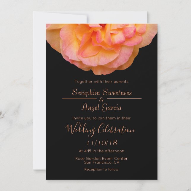 Invitation Rose rose Peach rose rose sur le Mariage noir (Devant)