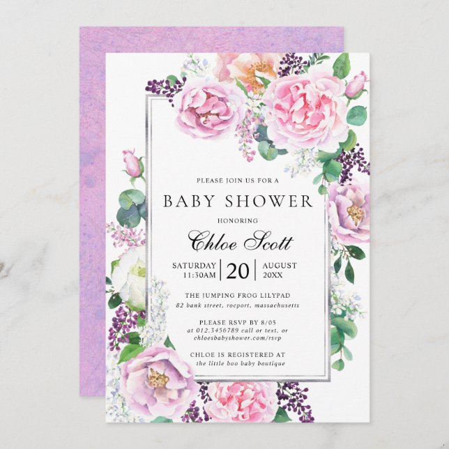 Invitation Rose rose Peony Baby shower floral (Devant / Derrière)