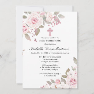 Invitation Rose rose Peony Floral Première Communion Sainte