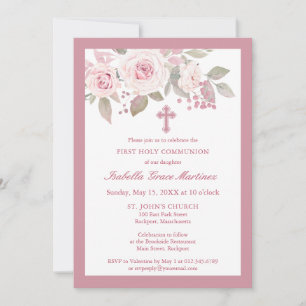 Invitation Rose rose Peony Floral Première Communion Sainte