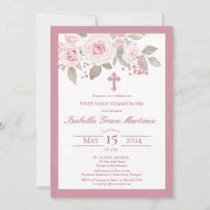 Invitation Rose rose Peony Floral Première Communion Sainte