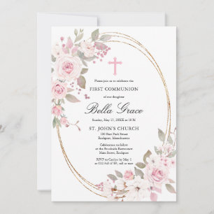Invitation Rose rose Peony Floral Première Communion Sainte