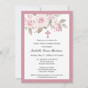 Invitation Rose rose Peony Floral Première Communion Sainte