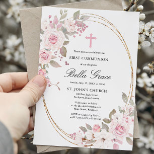 Invitation Rose rose Peony Floral Première Communion Sainte