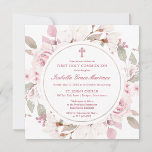Invitation Rose rose Peony Floral Première Communion Sainte