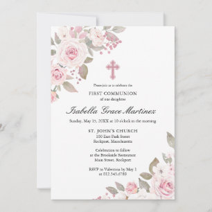 Invitation Rose rose Peony Floral Première Communion Sainte