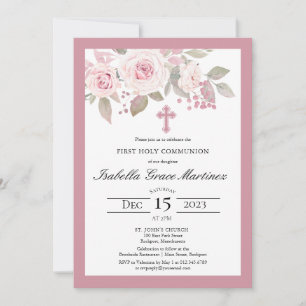 Invitation Rose rose Peony Floral Première Communion Sainte