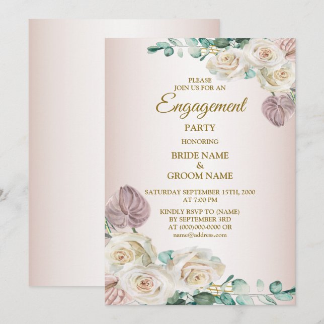 Invitation Rose rose poudré aquarelle verdure dorée fiançaill (Devant / Derrière)