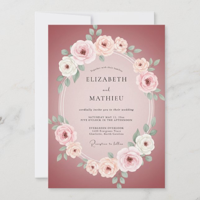 Invitation Rose Rose Romantique Fleurie Mariage (Devant)