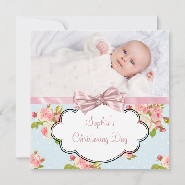 Invitation Rose Rose Rose Baby Girl Photo Christening (Devant)