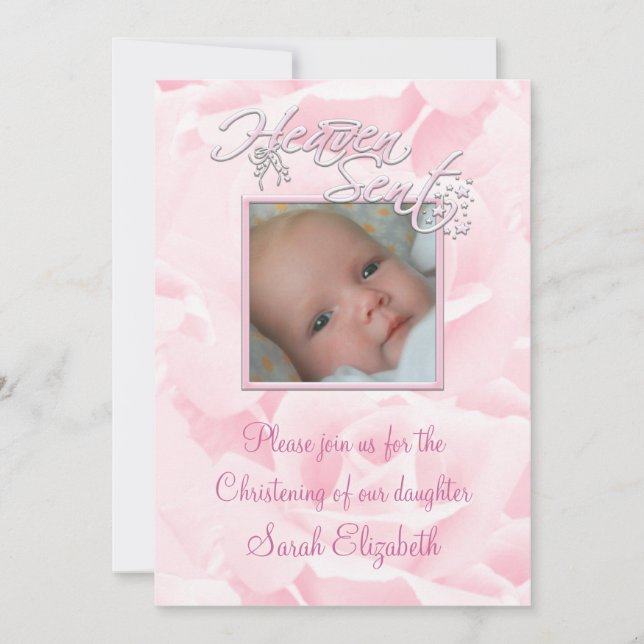 Invitation Rose Rose Rose Baby Girl Photo Christening (Devant)