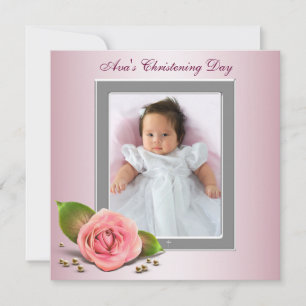 Invitation Rose Rose Rose Baby Girl Photo Christening