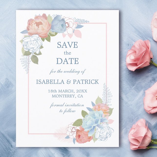 Invitation Rose rose rose bleu foncé rouge foncé Enregistrer  (Dusty Blue Blush Pink Rose Floral Save the Date Invitation)