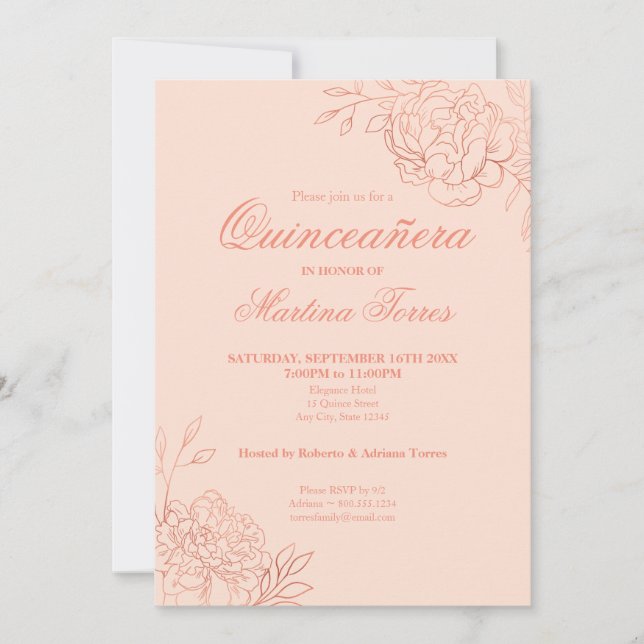 Invitation Rose Rose Rose Gold Fleurs Outline Floral Quincean (Devant)