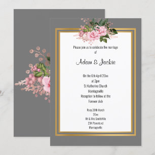 INVITATION ROSE ROSE ROSE OR TRIM ÉLÉGANT MARIAGE GRAS