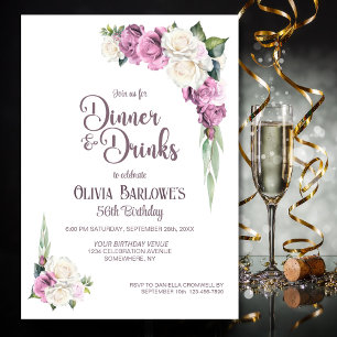 Invitation Rose Rose Rose Rose Floral Dîner et Boissons Anniv