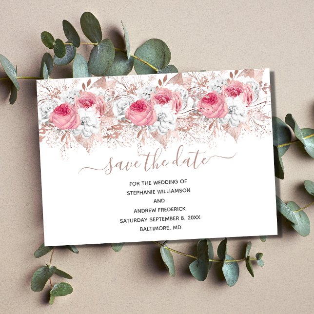 Invitation Rose Rose Rose Rose Or mariage floral Enregistrer  (Pink White Rose Gold Floral Wedding Save The Date Card)