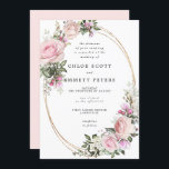 Invitation Rose Rose Rose Rose Rose Floral Mariage<br><div class="desc">Un design faire-part de mariage élégant et romantique. Un cadre ovale doré à plusieurs brins entoure vos détails mariages. De belles roses roses et des hydrangées blanches viennent décorer le cadre en deux coins. Les fleurs sont nichées dans de doux feuilles verts sauge. Cette invitation de mariage traditionnelle fait partie...</div>