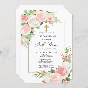 Invitation Rose Rose Rose Rose Rose Floral Première Communion
