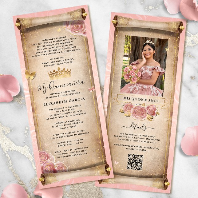 Invitation Rose rose rose vierge Or Mis Quince Défilement pho (Elegant gold and blush pink rose quinceanera scroll invitation cards for your fairytale birthday.)