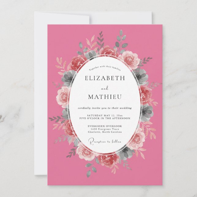 Invitation Rose Rose Vibrant Mariage Botanique (Devant)
