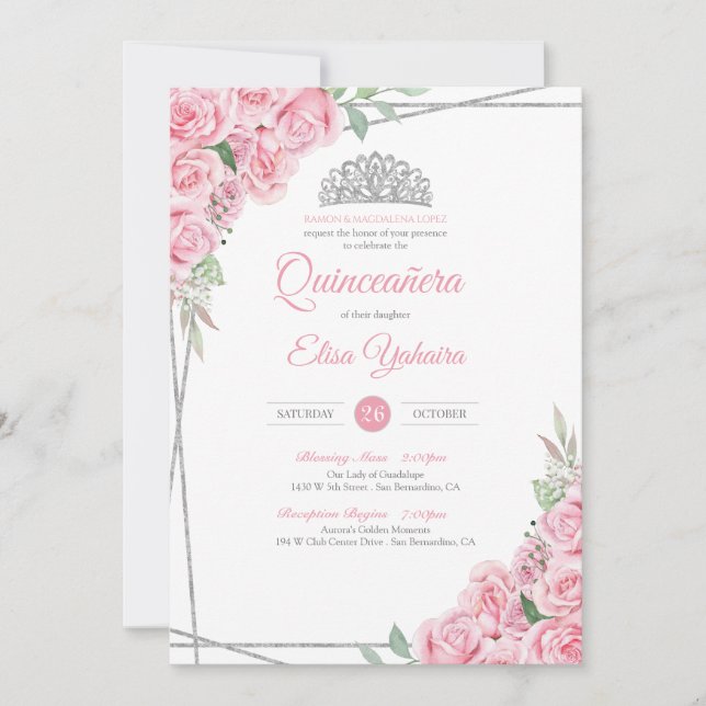 Invitation Rose rose vif Diamant argenté Tiara Quinceanera (Devant)