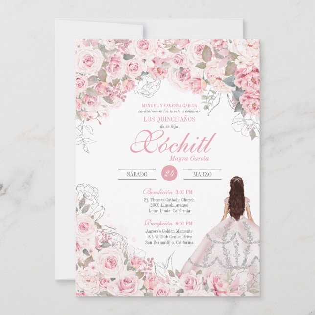 Invitation Rose rose vif en argent Blossom Elegant Quinceaner (Devant)