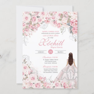 Invitation Rose rose vif en argent Blossom Elegant Quinceaner