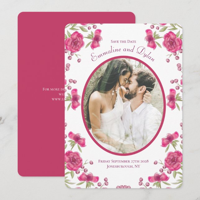 Invitation Rose rose vif mariage à retenir la date (Devant / Derrière)