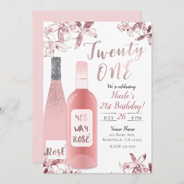 Invitation Rose Rosè Vins et fleurs d'orchidées Vingt et un 2 (Devant / Derrière)