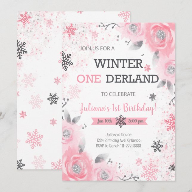 Invitation Rose Rose Winter Wonderland 1er anniversaire Invit (Devant / Derrière)